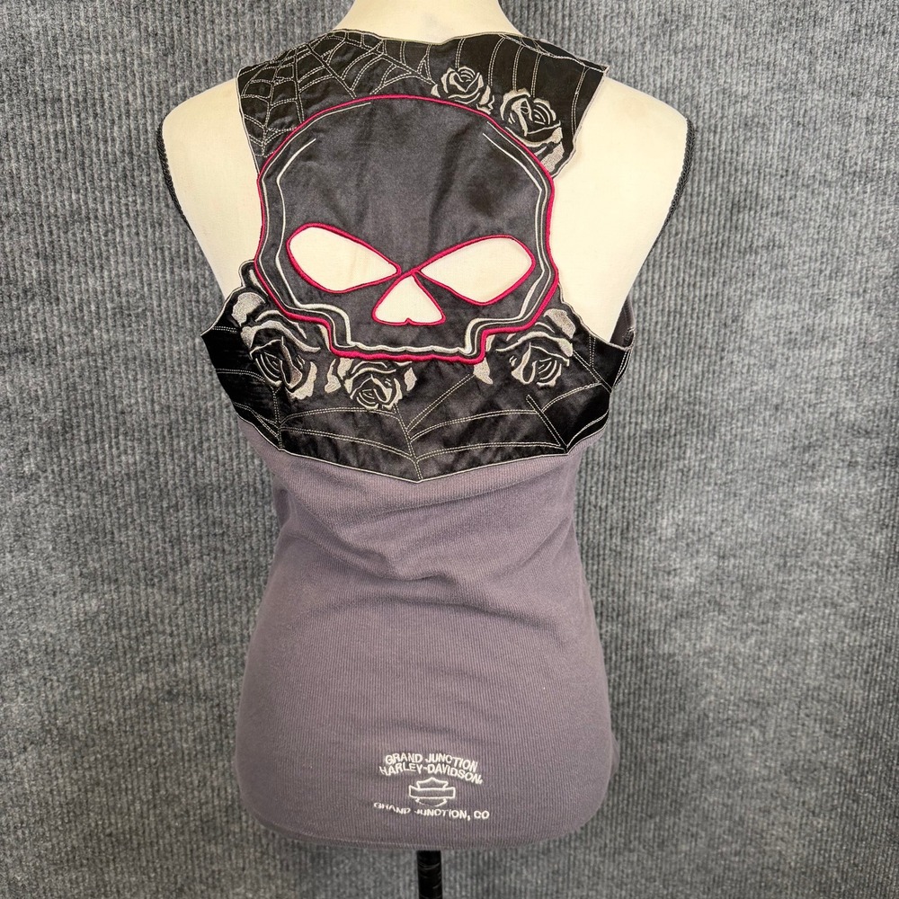 Harley-Davidson Tank Top Womens M Gray Pink Willie G Skull Spiderweb Cutout Y2K